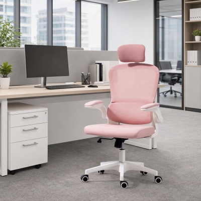 HOMCOM Ergonomic Mesh Office Chair, High Back Desk Chair with Rotatable Headrest, Flip-Up Armrests, Lumbar Support, Pink