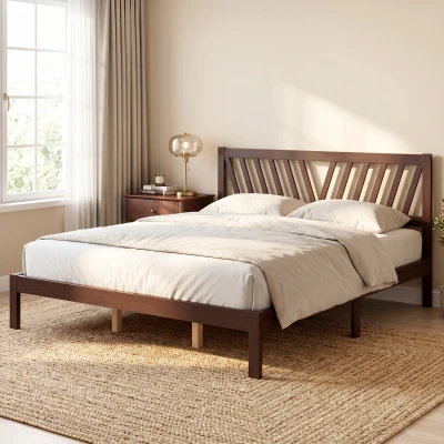 HOMCOM King Wood Platform Bed Frame with Headboard, Storage, Walnut