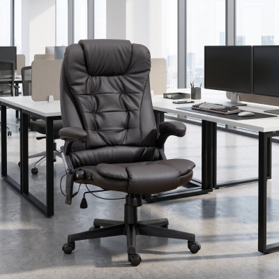 HOMCOM Office Chair Heated Ergonomic Massage Swivel Vibrating High Back Faux Leather Executive Chair Office (Brown)