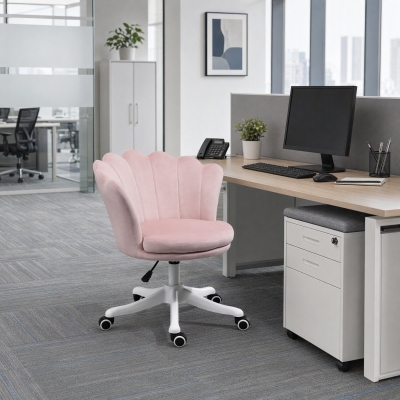 HOMCOM Adjustable Height work Chair, Mid Back Velvet Office Chair with Swivel Wheels, Pink