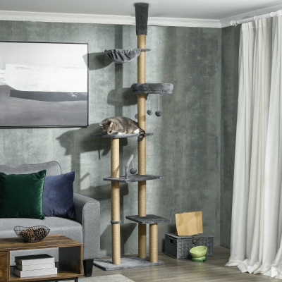 PawHut Floor to Ceiling Cat Tree, 90.5" - 98.5" Cat Tower with Scratching Post, Dangling Balls, Platforms, Bed, Hammock, Grey