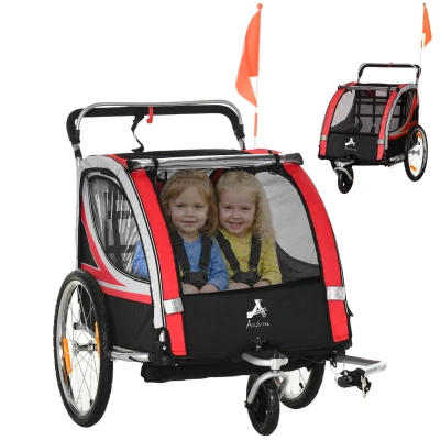 Aosom 2 Seat Bike Trailer for Kids 2-in-1 Double Baby Stroller with Handbrake, Rubber Wheels, 5 Point Harness, Red