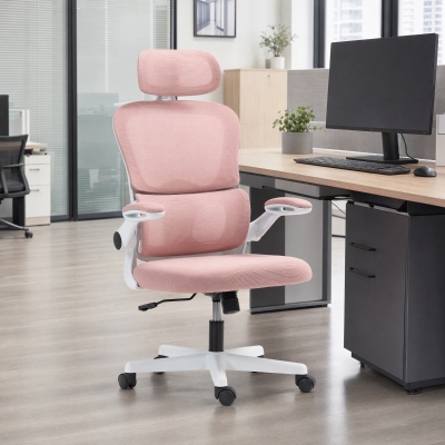 HOMCOM Mesh Office Chair, Ergonomic Desk Chair with Flip-up Armrest, Rotatable Headrest, Adjustable Lumbar Support, Pink