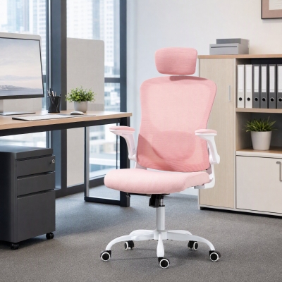 HOMCOM Ergonomic Office Chair, Mesh Desk Chair with Adjustable Headrest, Lumbar Support and Height, Flip-Up Armrests, Pink