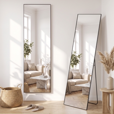 HOMCOM 64"x20" Full Length Mirror, Tempered Glass Floor Mirror with Stand, Standing, Hanging or Leaning Against Wall, Black