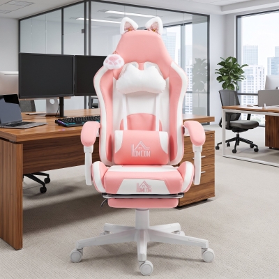 HOMCOM Cute Racing Gamer Chair, Faux Leather Gaming Chair with Footrest, Headrest and Lumbar Support, Pink