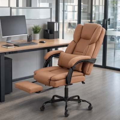 HOMCOM Office Chair with Massage, Scratch-resistant Faux Leather Reclining Desk Chair with Lumbar Support, Footrest, Brown