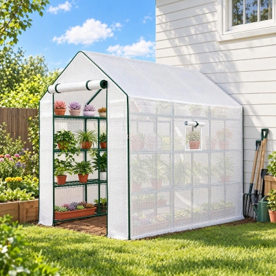 Outsunny Walk-in Greenhouse with 3 Tier, Garden Plant Growhouse with Roll-up Door and Mesh Windows, 140 x 213 x 190 cm, White