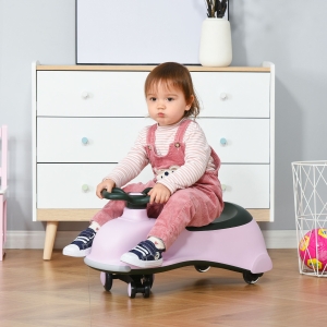 Qaba Ride on Wiggle Car w/LED Flashing Wheels, Swing Car for Toddlers, No Batteries, Gears or Pedals - Twist, Turn, Wiggle Movement to Steer, for 18- 48 months dolphin shaped Pink+Black