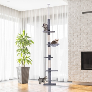 PawHut 8.5ft Cat Climbing Tree 5-Tier Kitty Activity Center with Scratching Post Grey