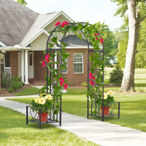 Outsunny 6.8ft Decorative Metal Garden Arch with 2 Planter Boxes Outdoor Walkway Arbor for Climbing Vine Plants Patio Backyard Lawn Party Ceremony