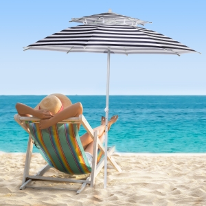 Outsunny Arc. 8ft Beach Umbrella Double-top Canopy Adjustable Height with Carry Bag for Beach Patio Garden Outdoor Blue Stripe