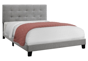 Monarch Queen Size Contemporary Upholstered Bed Frame with Tufted Headboard and Wood Legs - Grey Linen Look