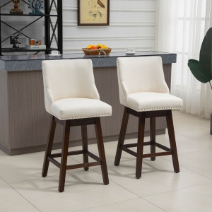 HOMCOM Swivel Bar stool Set of 2 Armless Upholstered Bar Chairs with Nailhead-Trim, Wood Legs, White
