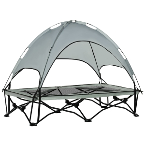 PawHut 46" Elevated Ventilated Cooling Pet Dog Bed w/ Canopy Shade Cover, Travel Bag, Silver