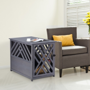 PawHut Furniture Style Wood Dog Crate End Table Decorative Dog Cage Kennel Lattice Night Stand with Lockable Door, Indoor Use, Grey