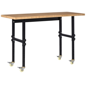 HOMCOM 59" Work Bench with Height Adjustable Legs, Bamboo Tabletop Workstation Tool Table on Wheels for Garage, Weight Capacity 1320 Lbs, Black/Natural