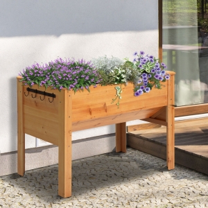 Outsunny 49'' x 24'' x 32'' Wooden Raised Garden Plant Stand Tall Flower Bed with Hooks