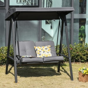 Outsunny 2 Seater Covered Outdoor Swing Chair Lounger Hammock Bench with Cushion Tilt Canopy, Grey