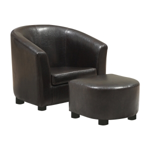 Monarch Kids' Upholstered Leather-Look Barrel Club Chair with Matching Ottoman - Dark Brown