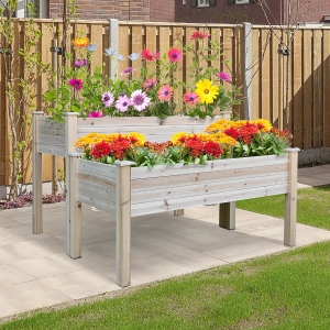 Outsunny 2-Tier Wooden Planter Bed Flower Vegetables Elevate Box w/ Drainage Holes Legs