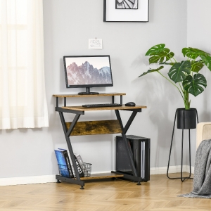 HOMCOM Compact Computer Desk, Industrial Z-Shaped Writing Desk with Monitor Shelf and Storage, Workstation for Home Office, Rustic Brown