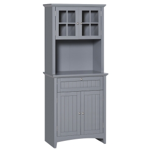 HOMCOM Kitchen Buffet Hutch Wooden Storage Cabinet with Framed Glass Door, Drawer and Microwave Space, Grey