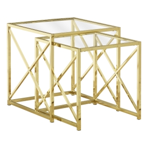 Monarch 2 Piece Contemporary Tempered Glass Nesting Accent Side End Table Set with X-Design Metal Base - Gold