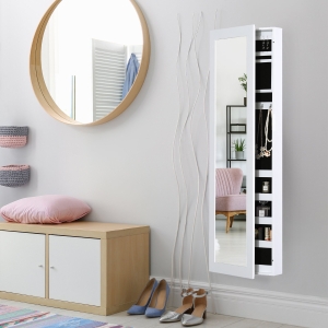 HOMCOM Mirrored Hanging Wall Door Mount Jewelry Cabinet Organizer Storage Armoire Case, White