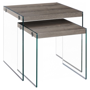 Monarch 2-Piece Contemporary Wood Grain-Look Top Tempered Glass Legs Nesting Accent Side Table Set - Dark Taupe Finish
