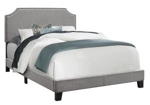 Monarch Full Size Contemporary Upholstered Bed Frame with Cutout Headboard, Chrome Nail Head Trim and Wood Legs - Grey Linen Look