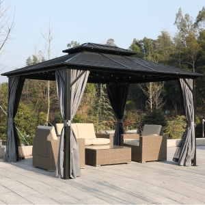 Outsunny 10' x 10' Steel Hardtop Gazebo Garden Sun Shelter with Mosquito Netting and Curtains Hanging Hook Aluminum Frame