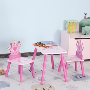 Qaba 3-Piece Set Kids Wooden Table Chair with Crown Pattern Easy to Clean Gift for Girls Toddlers Age 3-5 Years Old Pink