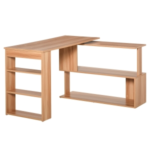HOMCOM 360° Rotating Home Office Desk L Shaped Corner Computer Desk with Storage Shelves, Writing Table Workstation, Maple