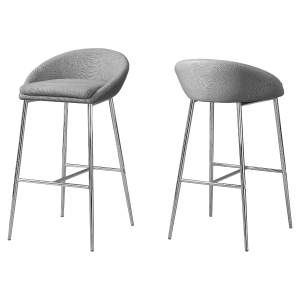 Monarch 2 Piece Modern Linen Padded Seat Chrome Legged Bar Height Barstool Chair Set - Grey