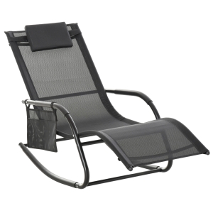 Outsunny Outdoor Rocking Chair, Patio Sling Sun Lounger, Pocket, Recliner Rocker, Lounge Chair with Detachable Pillow for Deck, Garden or Pool, Black