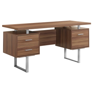 Monarch 60" Contemporary Floating Top Hollow-Core Office Desk with 2 Storage Drawers and File Drawer - Walnut / Silver Metal