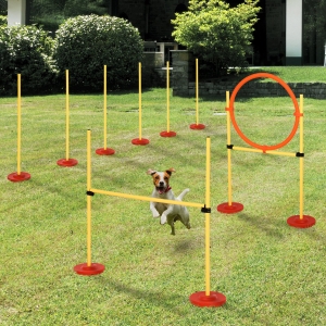 PawHut 3PCs Portable Pet Agility Training Obstacle Set for Dogs w/ Adjustable Weave Pole, Jumping Ring, Adjustable High Jump