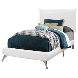 Monarch Twin Size Modern Upholstered Bed Frame with Padded Headboard and Chrome Legs - White Leather Look