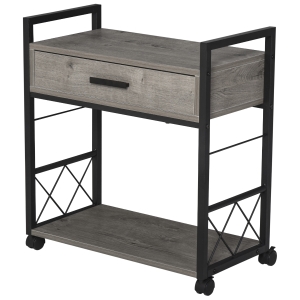 HOMCOM Industrial Style Rolling Side Table Utility Cart with Drawer, 2-Tier Shelf, Wooden Bedside Night Stand - Grey
