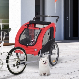 PawHut 2-in-1 Pet Jogging Stroller Dog Cat Bike Bicycle Trailer Carrier w/ Drawbar Hitch Brake Black / Red