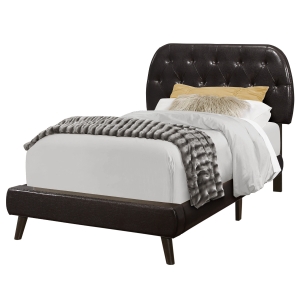 Monarch Twin Size Contemporary Upholstered Bed Frame with Padded Diamond Tufted Headboard and Brown Wood Legs - Brown Leather Look