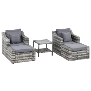 Outsunny 5-Piece Patio Rattan Wicker Conversation Set with 2 Cushioned Armchairs, 2 Ottomans, & Coffee Table, Grey