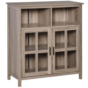 HOMCOM Accent Sideboard Serving Buffet Storage Cabinet with 2 Cubbyholes, Glass Door and Adjustable Shelf, Oak