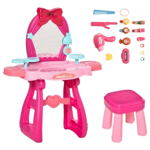 Qaba 36pc Kids Vanity Musical Dressing Table with Magic Mirror, Lights, Bright Red + Pink