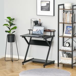 HOMCOM Compact Computer Desk, Industrial Z-Shaped Writing Desk with Monitor Shelf and Storage, Workstation for Home Office, Black