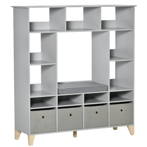 HOMCOM Wooden Kids Cabinet Organizer with Anti-toppling Hardware, Drawers, Cushion, Grey
