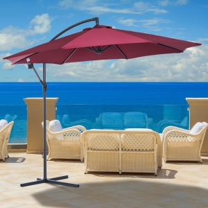 Outsunny Φ10’ Deluxe Patio Umbrella Outdoor Market Parasol Banana Cantilever Hanging Offset Sunshade (Wine Red)