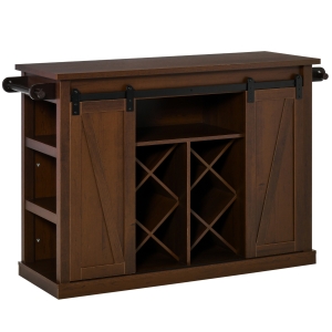 HOMCOM 53" Portable Kitchen Island, Utility Kitchen Trolley Storage Cart on Wheels with Sliding Barn Doors, 3-Tier Shelves, Wine Rack and Towel Holders, Walnut