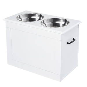 PawHut Raised Pet Feeding Storage Station with 2 Stainless Steel Bowls Base for Large Dogs and Other Large Pets - White